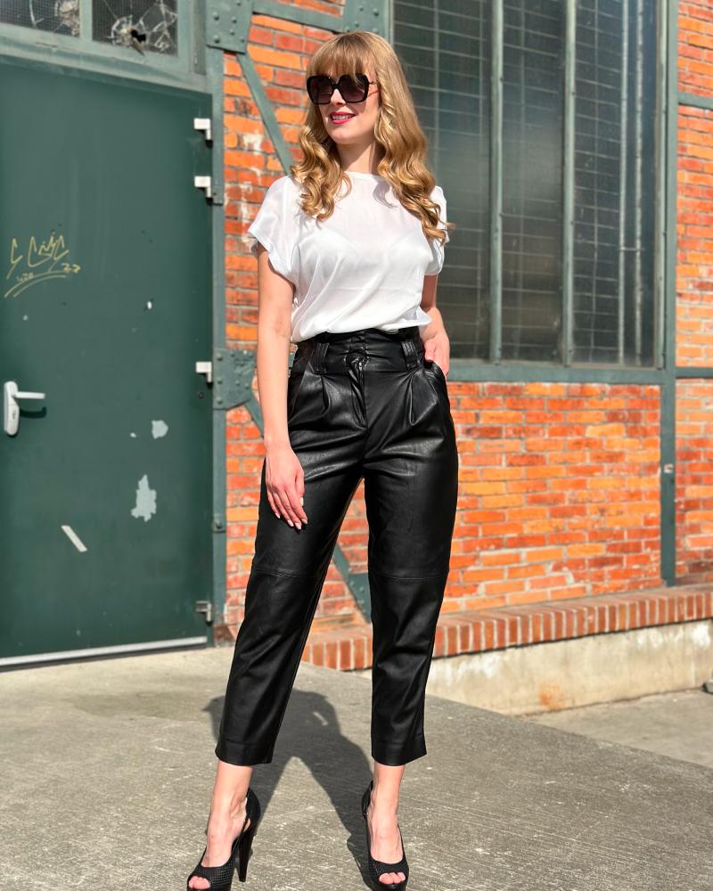 Pinko women's black leather pants with a high waist