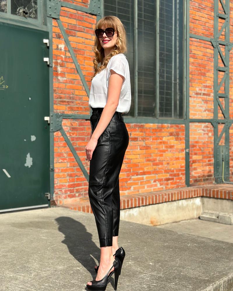 Pinko women's black leather pants with a high waist