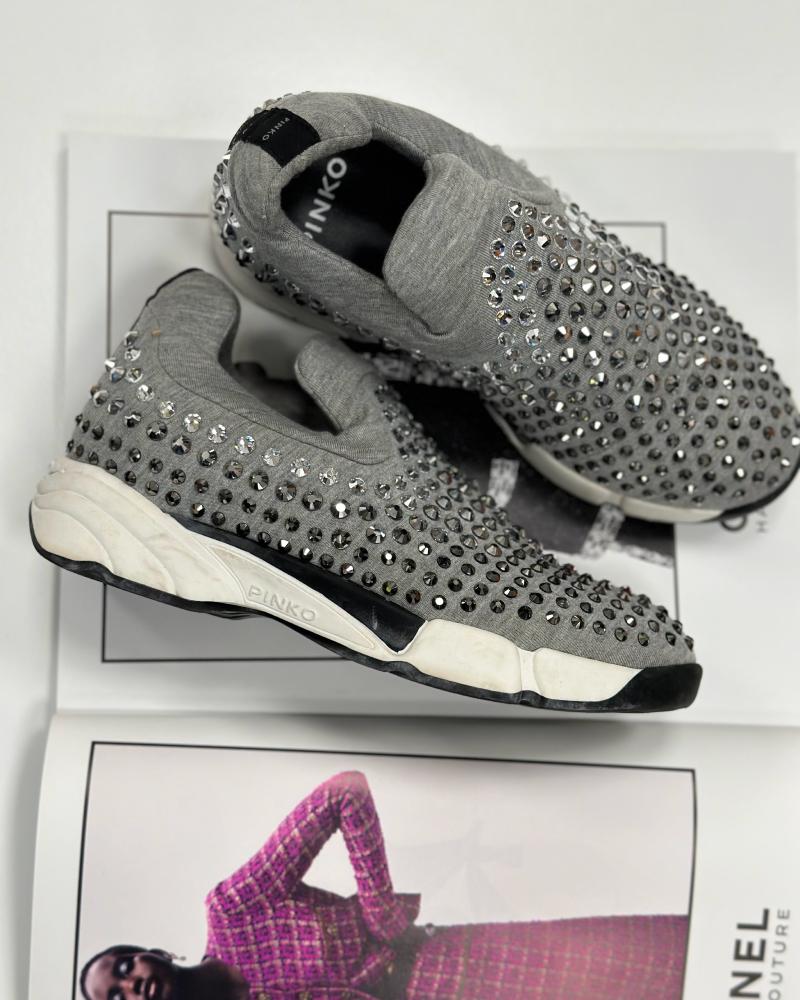 Pinko women's sneakers gray with rhinestones