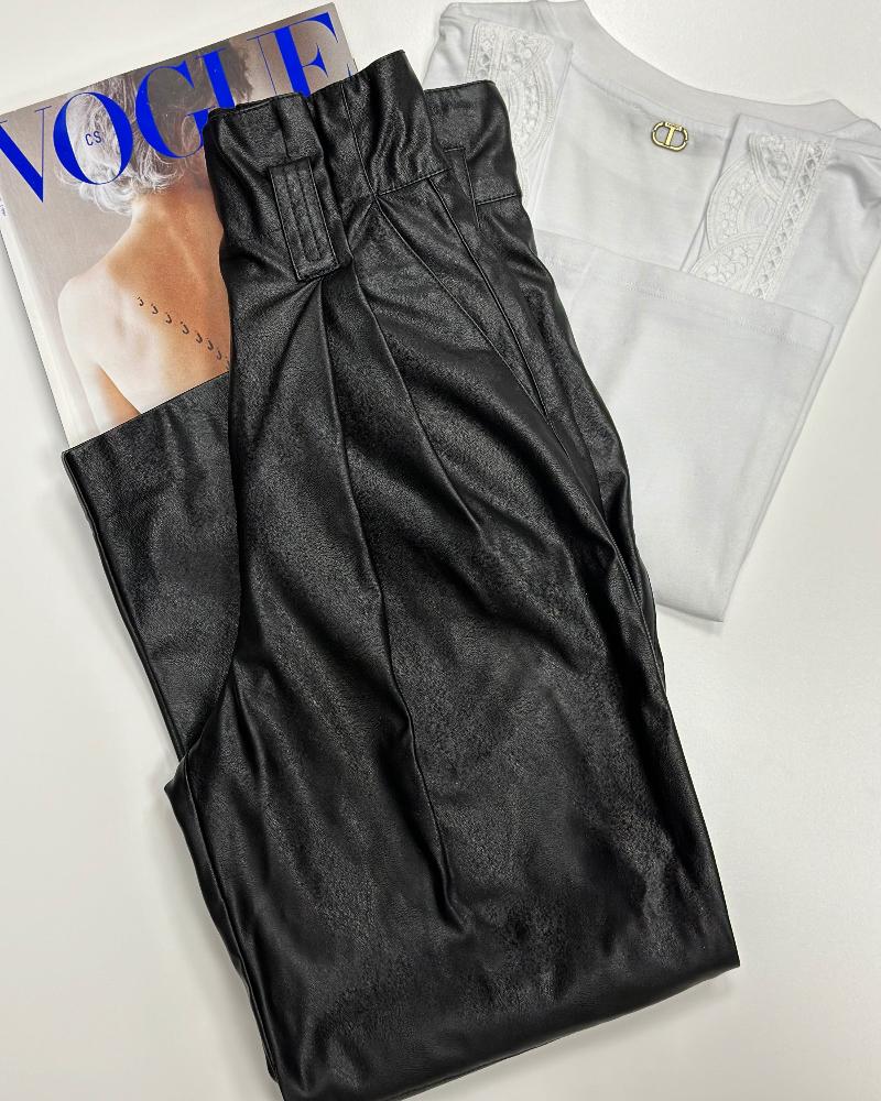 Pinko women's black leather pants with a high waist