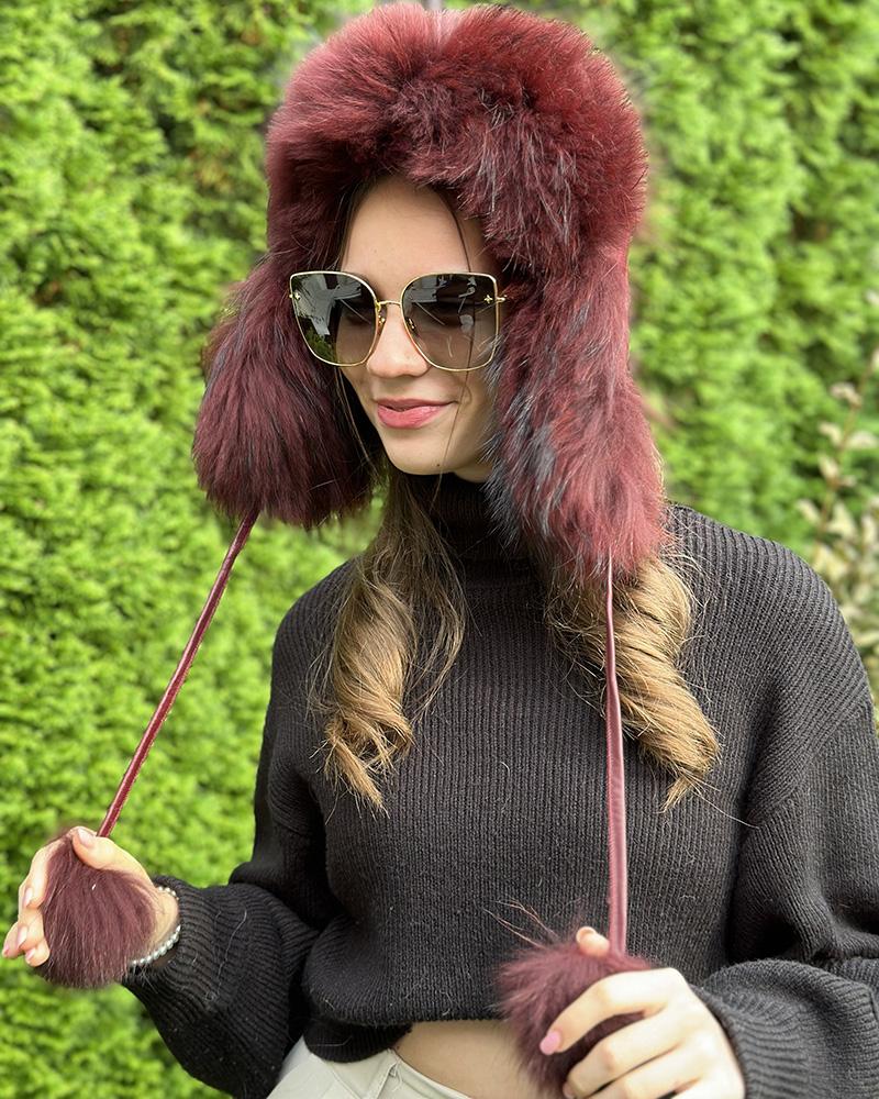 Ušanka dámská Kara vínově červená s kožešinou