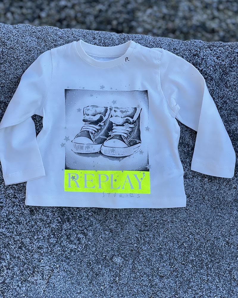 Triko dětské Replay krémové s potiskem tenisek