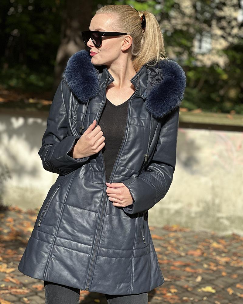 Kabát dámský Kara modrý s kožešinou