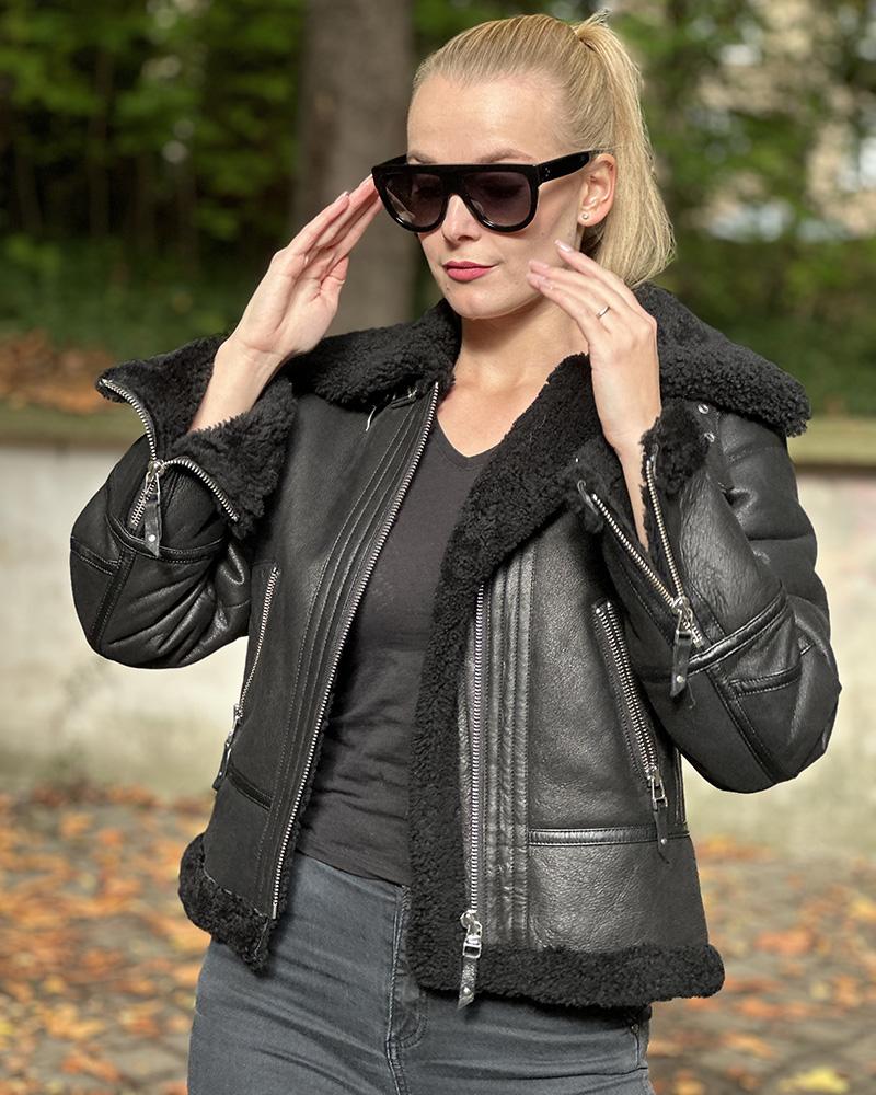 Bunda dámská Kara černá s kožíškem "pilotka"