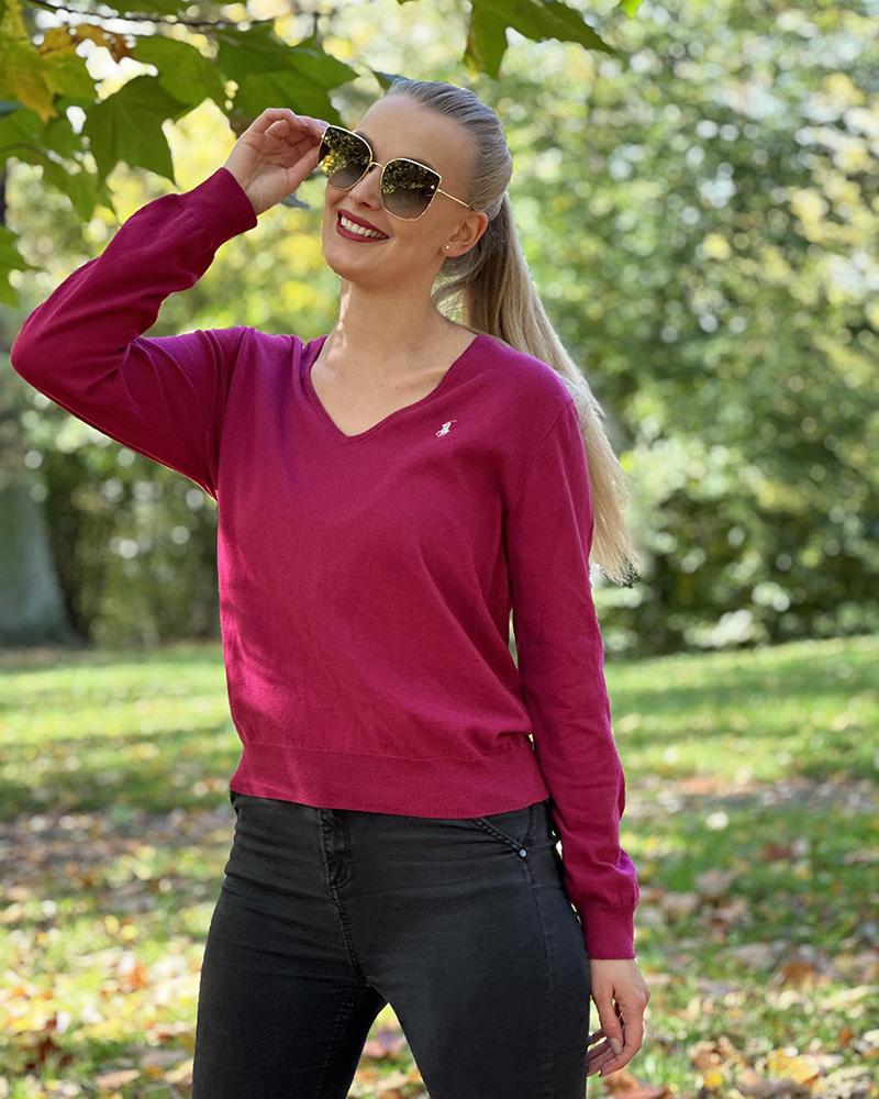 Ralph Lauren raspberry V-neck sweater for women