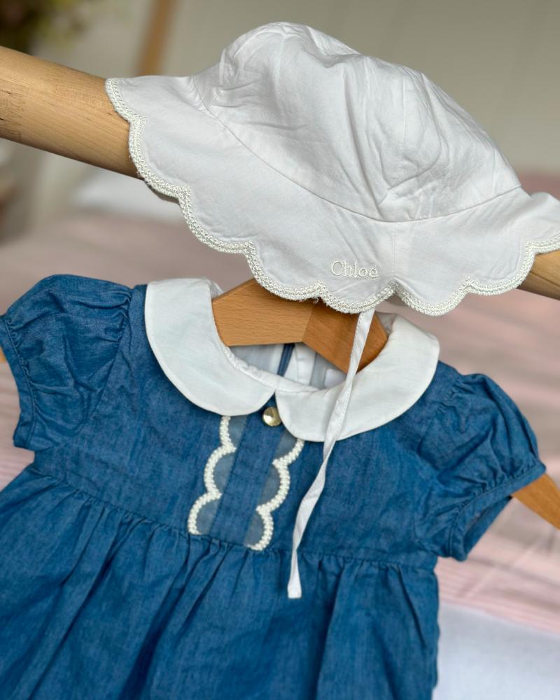 Children's dress Chloé blue + white hat