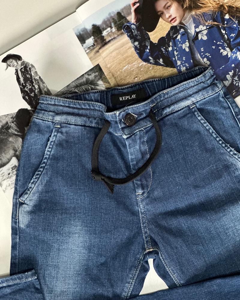 Replay children's blue jeans with a drawstring at the waist 