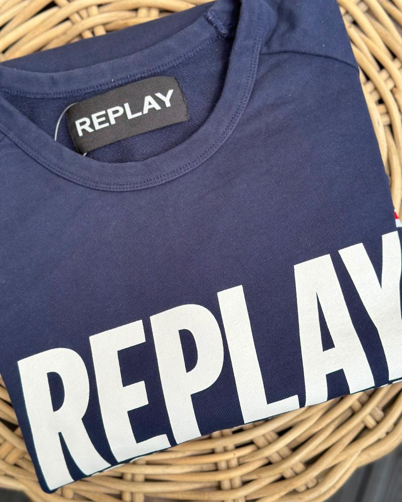 Replay men's blue sweatshirt with white lettering 