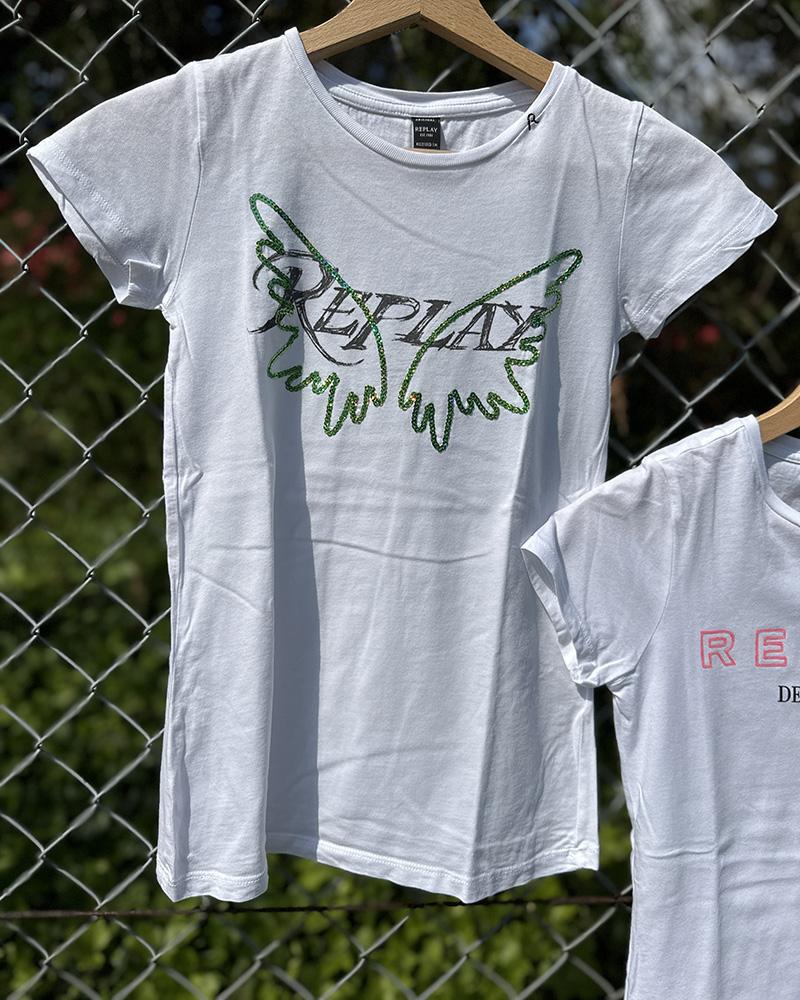 Replay children's T-shirt white with green wings