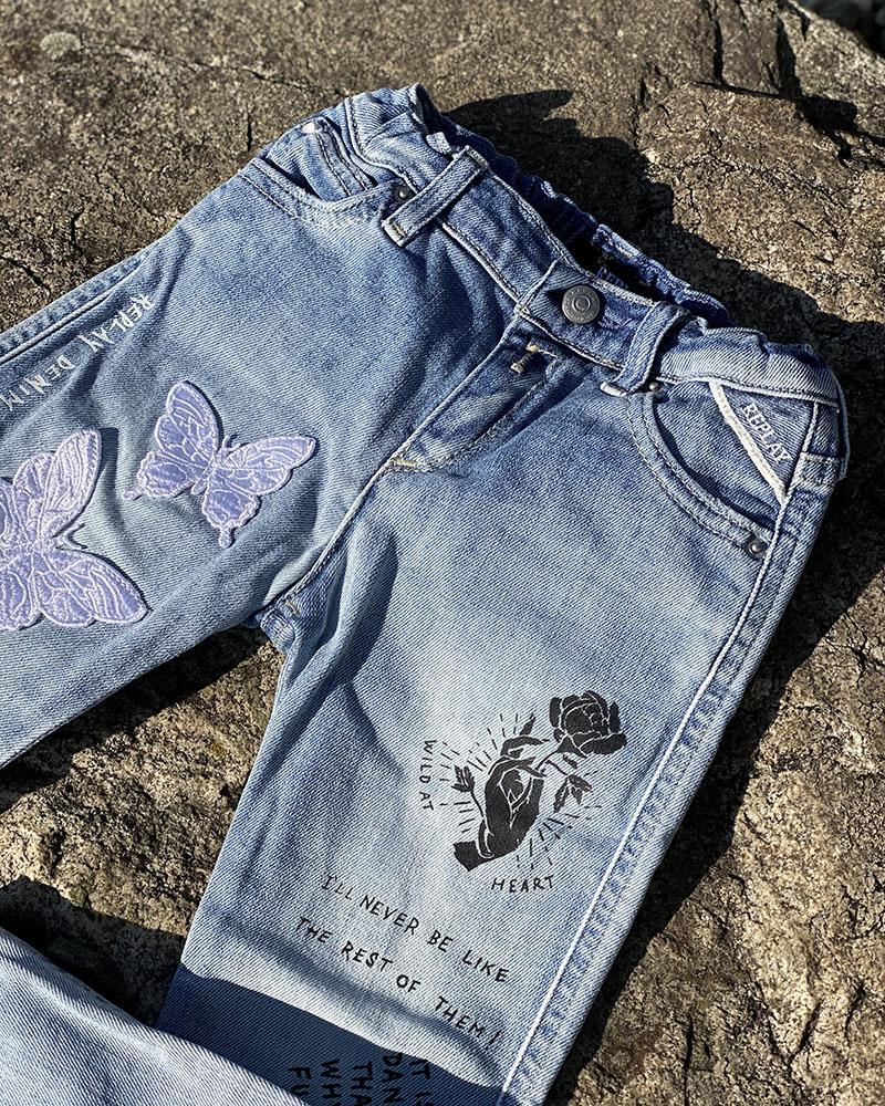 Replay children's jeans with inscriptions and patches