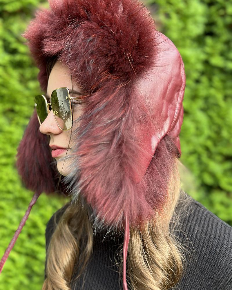 Women's ear muff Kara wine red with fur 