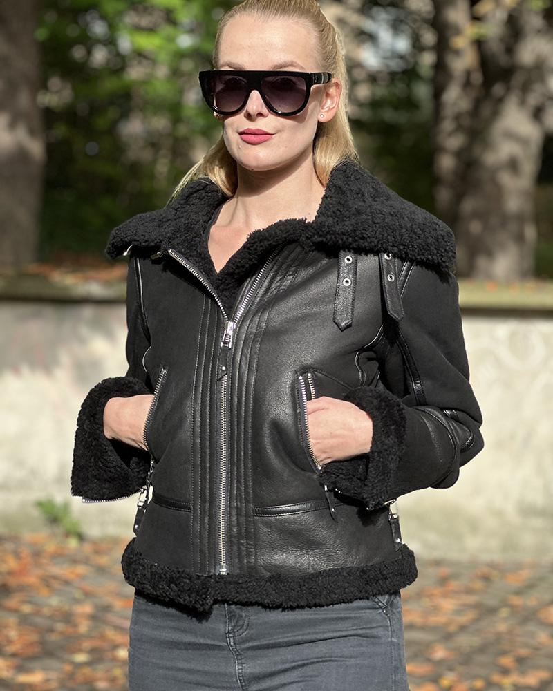 Women's jacket Kara black with fur "pilot"